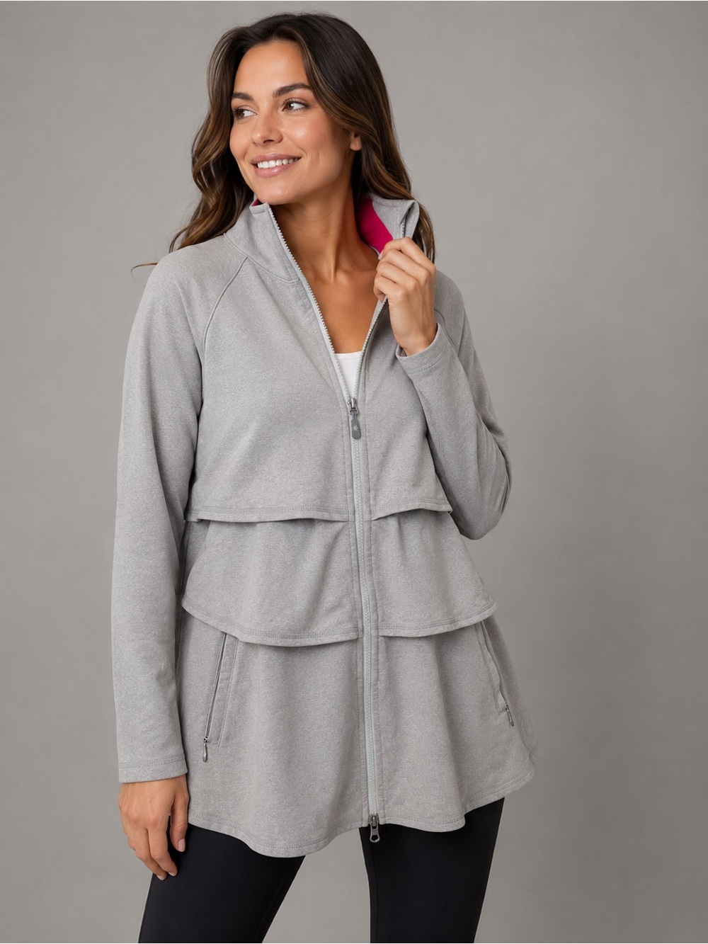 Athleta Renew Tiered Ruffle Jacket M Gray Pink Full Zip Longline
